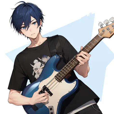 1 boy, masculine、very short blue-haired、white eyes、neutral expression, loose black t-shirt, holding a bass guitar