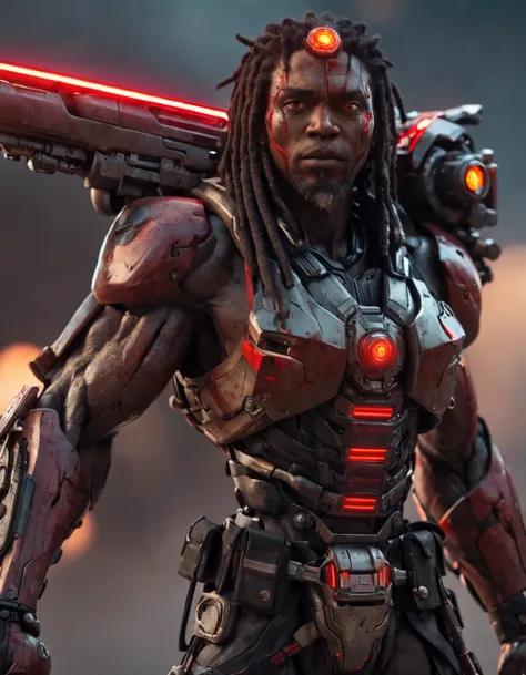 REALISTIC ANIME STYLE, JAPANESE ANIME, REAL ANIME, RAGE UNLEASHED, ANGRY, african american man cyborg soldier with dual samurai sword, red long dreadlocks, glowing neon X eyes, with shot gun on the side, heavy mecha armor, cybernetic, cyberpunk, colourful ...