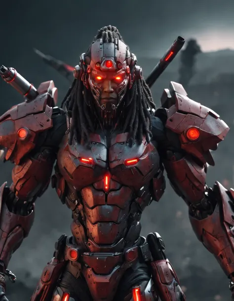 REALISTIC ANIME STYLE, JAPANESE ANIME, REAL ANIME, RAGE UNLEASHED, ANGRY, african american man cyborg soldier with dual samurai sword, red long dreadlocks, glowing neon X eyes, with shot gun on the side, heavy mecha armor, cybernetic, cyberpunk, colourful ...