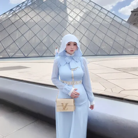 pregnant woman wearing a blue dress and a white hat standing in front of a pyramid, dilraba dilmurat, in paris, wearing louis vuitton armor, fan bingbing, wonderful masterpiece, in a blue qipao, lv, with a figure in the background, wearing an ornate outfit...