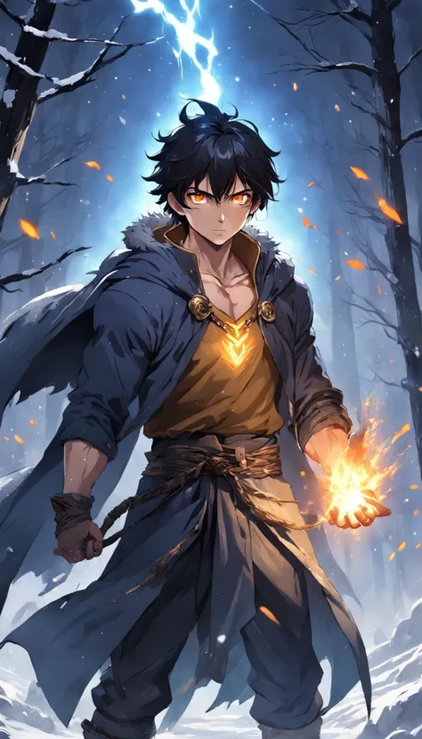 An epic scene where, in the middle of a destroyed and cold village, covered in dense snow, the protagonist, a young man with dark hair and glowing golden eyes, bruised by the confrontation, awakens the power of fire