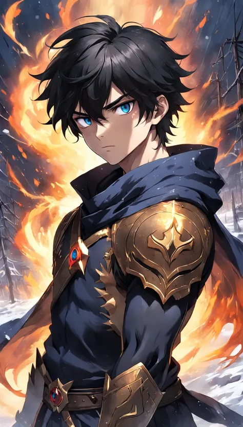 An epic scene where, in the middle of a destroyed and cold village, covered in dense snow, the protagonist, a young man with dark hair and glowing golden eyes, bruised by the confrontation, awakens the power of fire