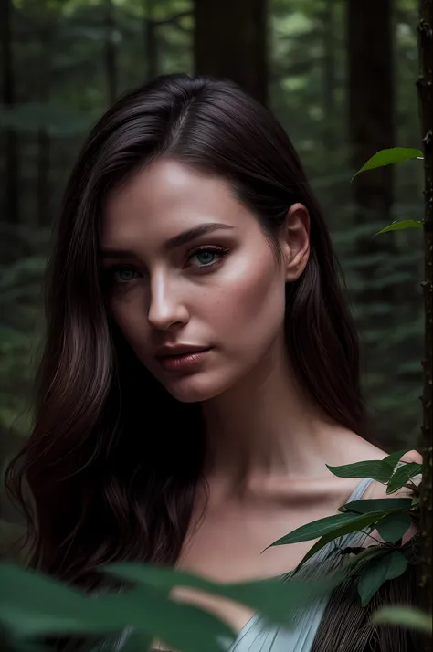 a photo of a seductive woman with loose styled dark blonde hair, posing in a forest, bored, she is wearing crop top and a pencil...