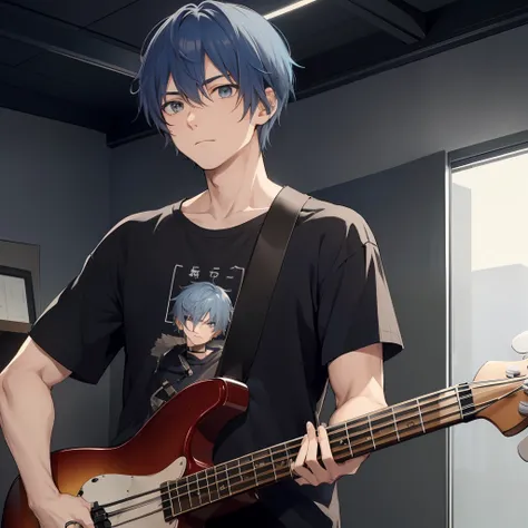 1 man, masculine、very short blue-haired、grey eyes、neutral expression, loose black t-shirt, holding a bass guitar