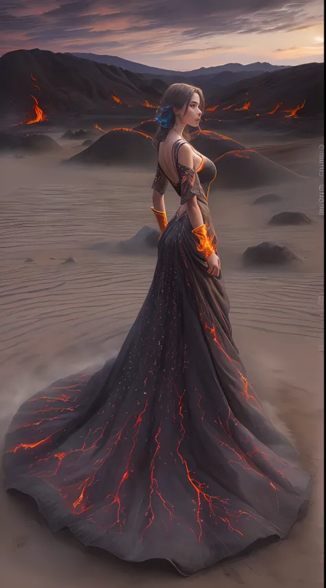 motor irreal:1.4, fotorrealista:1.4, textura de la piel:1.4, obra maestra:1.4,Arafed hermosa Mujer con un vestido de pie frente a un campo de lava, vestido hecho de lava, Vestido de fuego, Vestido completo de Lava Showcase, Diosa de la lava y el fuego, Dio...