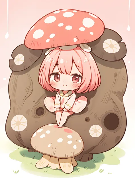 chibi girl, blush, cheerful expression, morning, happy, soft focus, full body, mushroom on head, add_detail:0.5