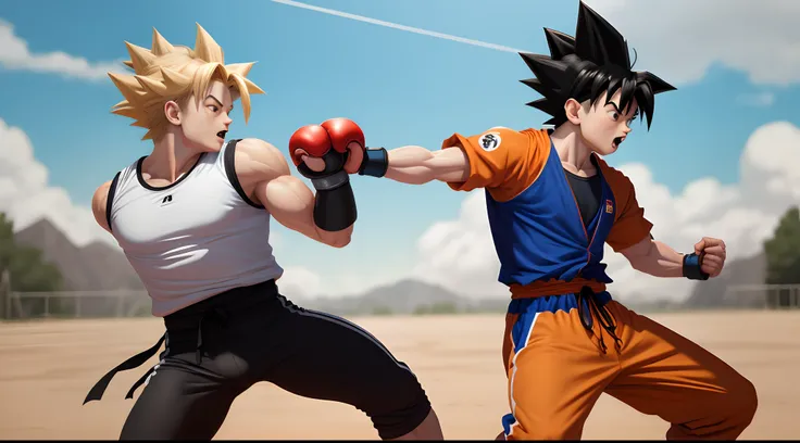 Draw Mini Goku in a fighting pose with his spiky hair and iconic training suit.