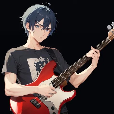 1 man, masculine、very short blue-haired、grey eyes、neutral expression, loose black t-shirt, holding a bass guitar