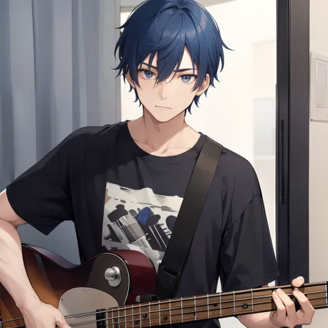 1 man, masculine、very short blue-haired、grey eyes、neutral expression, loose black t-shirt, holding a bass guitar