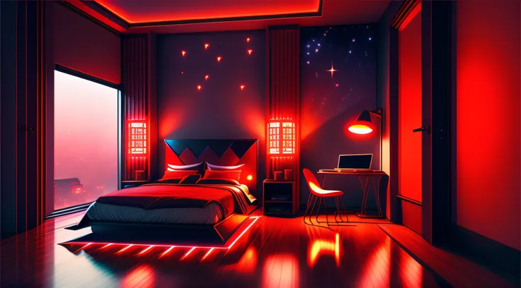 Warm Light Source Cyberpunk Calm Night Tech Bedroom Room Computer Desk Microphone Lamp Computer Water Cooler Minor Fluorescence Starry Sky Smooth Floor Fox Minimalism Deconstructivism Sense of Fragmentation Gorgeous Carved Floor-to-ceiling Windows Light Re...