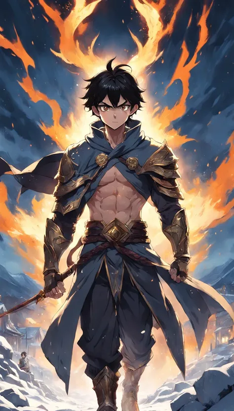 An epic scene where, in the middle of a destroyed and cold village, covered in dense snow, the protagonist, a young man with dark hair and glowing golden eyes, bruised by the confrontation, awakens the power of fire