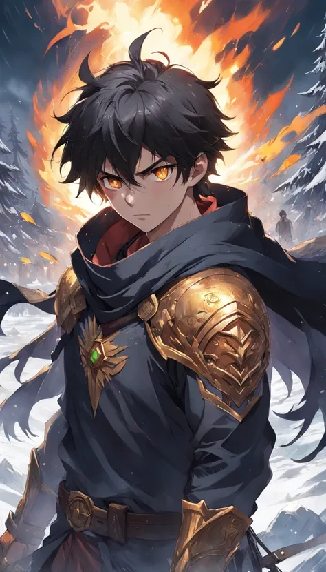 An epic scene where, in the middle of a destroyed and cold village, covered in dense snow, the protagonist, a young man with dark hair and glowing golden eyes, bruised by the confrontation, awakens the power of fire