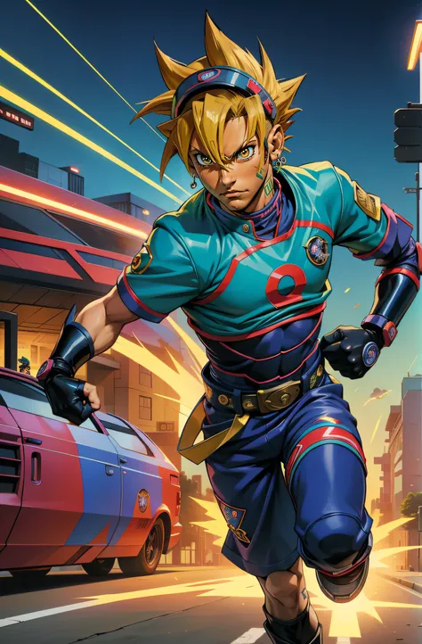 obra-prima, personagem de anime, yu-gi-oh! art card, 1homen, rosto do neymar, guerreiro de velocidade cyber punk, roupas brancas...