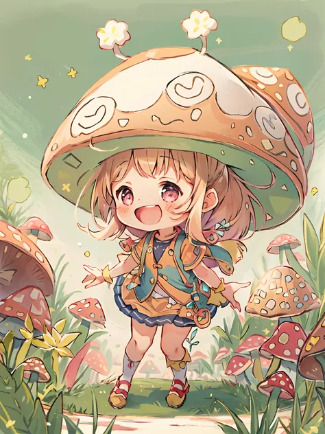 chibi girl, blush, cheerful expression, morning, happy, soft focus, full body, mushroom on head, highly detailed