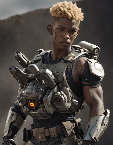 REALISTIC ANIME STYLE, JAPANESE ANIME, REAL ANIME, RAGE UNLEASHED, ANGRY, african american man cyborg soldier with chainsaw, BLONDE SHORT KINKY HAIR, glowing YELLOW eyes, CHAINSAW, heavy mecha armor, cybernetic, cyberpunk LUMBERJACK SHIRT, on planet venus,...