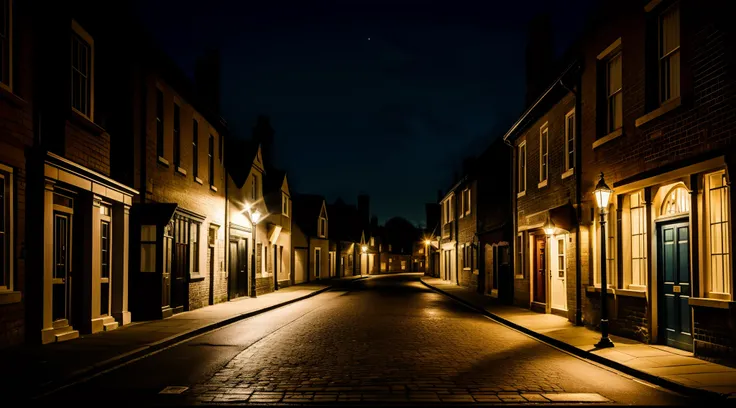 Create a picture of a shady street at night in the town of Valford. Highlight the old architecture of the buildings and the dim lighting of the street lamps. It captures the atmosphere of mystery and restlessness that permeates the city.