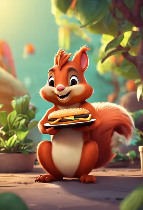 squirrel holding a hamburger, feliz, estilo cartoon, estilo logo, estilo desenho animado, resulução4k,recursos faciais alteamente detalhados