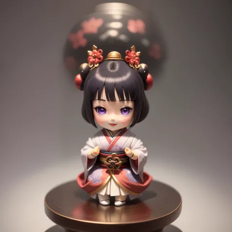 A small anime doll, Depiction of geisha, Inside the blind box, Place on a small pedestal, On a clean white background, Artificial light lighting. The artwork is of top-notch photographic quality, Capture every intricate detail of anime dolls.ssmile，purplei...