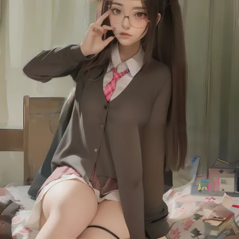 １７Year old schoolgirl　High school girl in black high socks Japan　puffed out cheeks　Fume　Lack of eye power　The skirt is ironed　The shirt is ironed　The tie is about to come off　plaid skirts　Glasses twin tail rough sketch　The contours are not black　Outlines a...