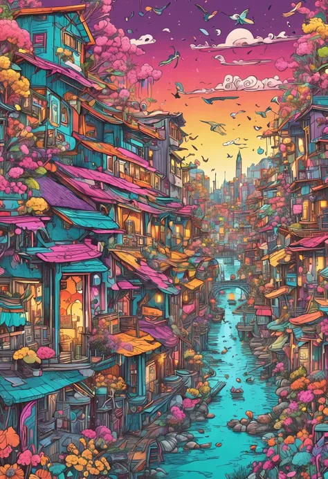 Illustration of colorful cyberpunk flower city with river flowing,Nostalgic and avant-garde、 Sakura blizzard、lots of flower、Vivid rainbow, A small dove and a small seagull are flying, colorful city, Brightly colored buildings,Shimmering gold and silver roo...