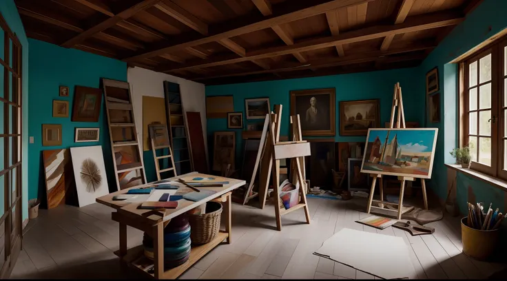 Create an image of the artists studio, where his body is uncovered amidst the paints and brushes. Destaque as cores vibrantes ao redor, com a paleta cuidadosamente posicionada. Capture a dualidade entre a beleza e o horror.