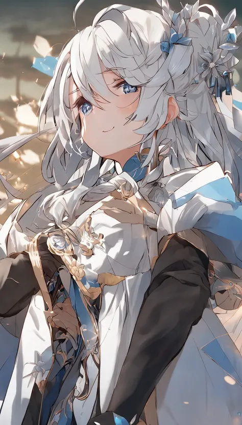 1girl, best quality, priest, stole, white hair, blue eyes