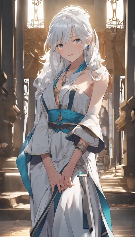 1girl, best quality, priest, stole, white hair, blue eyes