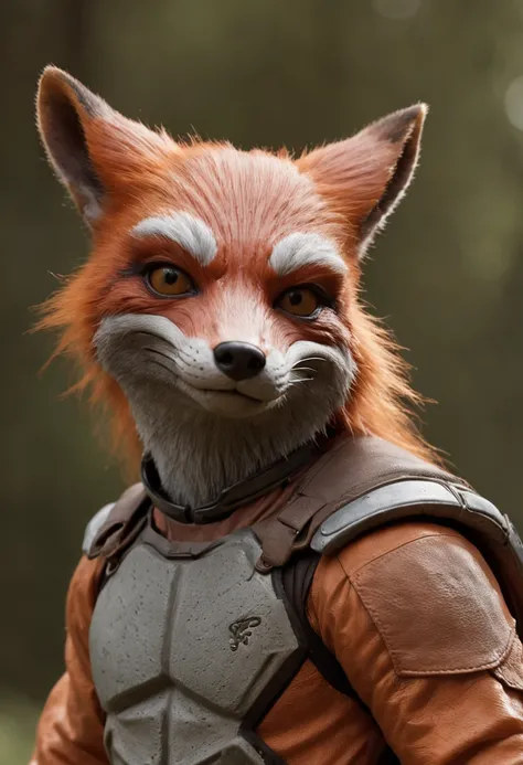 a humanoid creature with the features of a fox and mutant traits similar to those of the Ninja Turtles. The creature should have the body shape of a human, but with fox-like fur and facial features, such as a pointed snout and triangular ears. The mutant t...