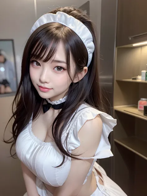 ​masterpiece、1 girl per 1 photo、upperbody shot、Straight front view、a Japanese young pretty woman、Wearing a cute maid costume in short sleeve satin silky black、With a big smile、White ruffled headband、Apron with white ruffles、a black choker、Glamorous figure、...