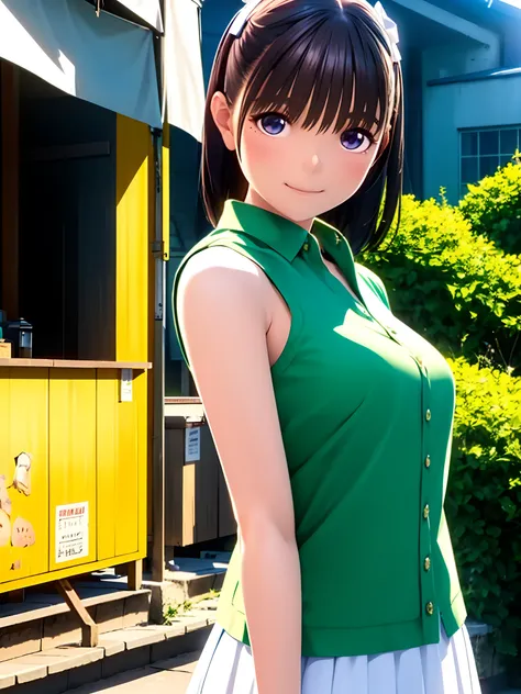 hight resolution,8K,Best Quality,detaileds,semi - realistic anime,Anime 3D Style,Smooth Anime CG,1 girl in,20 year old woman in Japan,slim,modeled,shiny chestnut hair,Medium Hair,Detailed face,Beautiful and detailed eyes,Glowing skin,((Dark green shirt)),(...