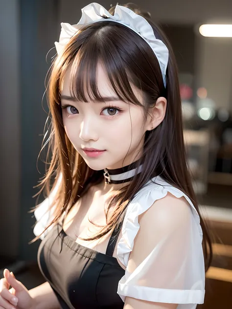 ​masterpiece、1 girl per 1 photo、upperbody shot、Straight front view、a Japanese young pretty woman、Wearing a cute maid costume in short sleeve satin silky black、With a big smile、White ruffled headband、Apron with white ruffles、a black choker、Glamorous figure、...