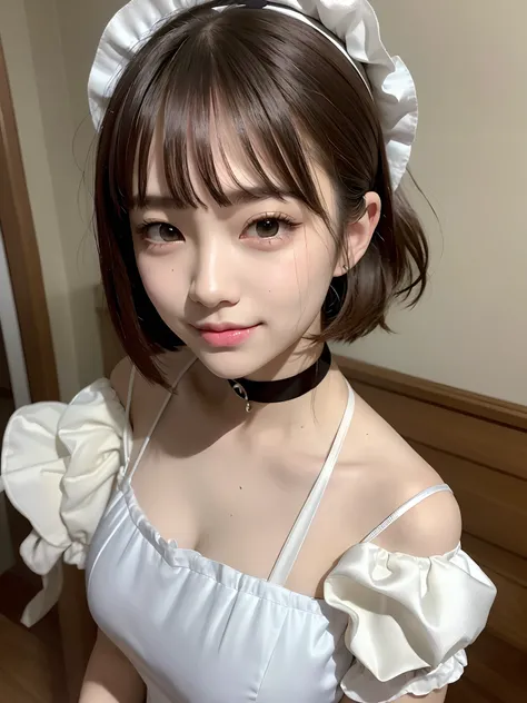 ​masterpiece、1 girl per 1 photo、upperbody shot、Straight front view、a Japanese young pretty woman、Wearing a cute maid costume in short sleeve satin silky black、With a big smile、White ruffled headband、Apron with white ruffles、a black choker、Glamorous figure、...