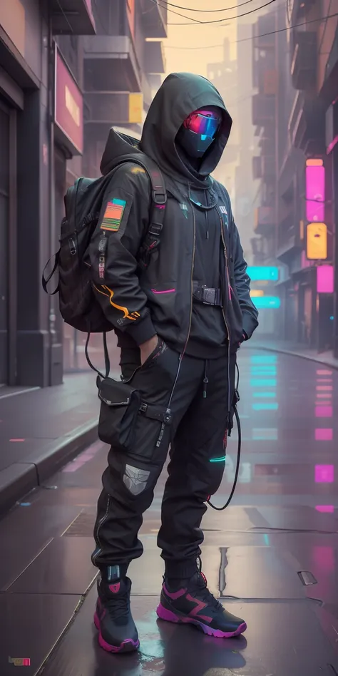 (obra-prima, foto de corpo inteiro, fotografia crua intrincada) Cyberpunk Citizen, Comfortable Oversize Black Hood, black cargo pants, roupas pretas, escuro, usando um capacete preto estilo hitech Astronauta, intrincado, futurista, advanced technology, amb...