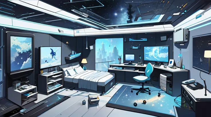 Warm Light Source Cyberpunk Calm Night Tech Bedroom Computer Desk Microphone Lamp Computer Water Dispenser Small Fluorescent Starry Sky Smooth Floor Fox Minimalism Deconstructivism Fragmentation Gorgeous Sculptures Floor-to-ceiling windows Light Bed Camera...