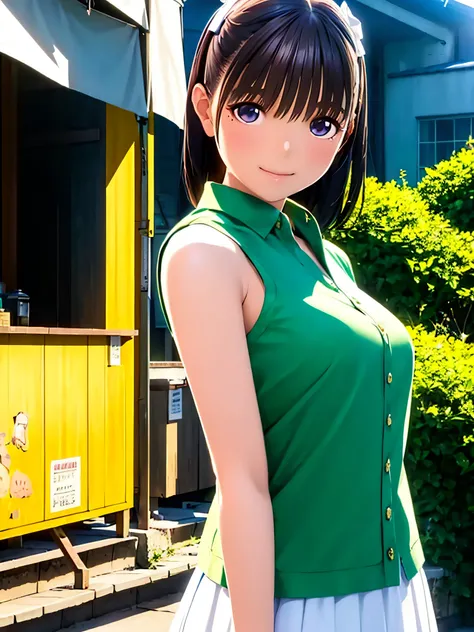 hight resolution,8K,Best Quality,detaileds,semi - realistic anime,Anime 3D Style,Smooth Anime CG,1 girl in,20 year old woman in Japan,slim,modeled,shiny chestnut hair,Medium Hair,Detailed face,Beautiful and detailed eyes,Glowing skin,((Dark green shirt)),(...