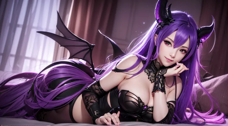 (Highly detailed CG Unity 8k wallpaper, masterpiece, highest quality) Best image quality Cosplay (hands perfectly proportioned with one thumb and four fingers) Succubus Lustrous purple eyes Straddling position on bed Bewitching smile Staring at the viewer ...