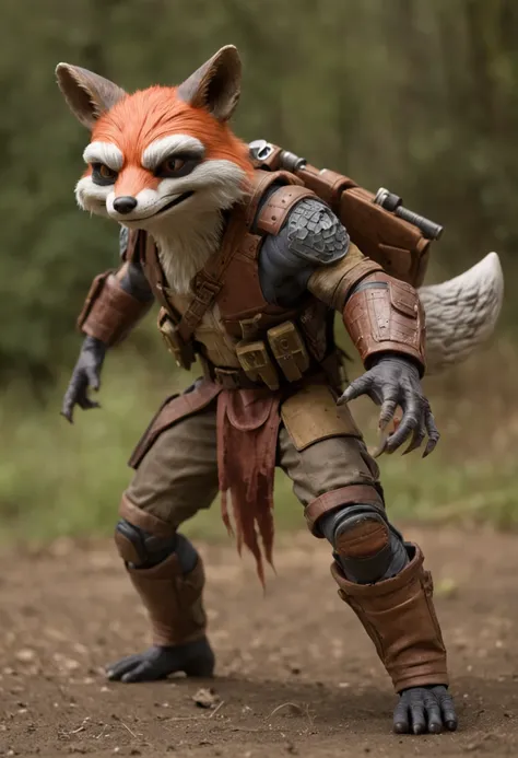 a humanoid creature with the features of a fox and mutant traits similar to those of the Ninja Turtles, Firing big guns to zombie horde