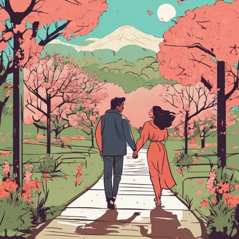 A romantic couple walking together in a Japanese spring garden, Garota estatura baixa ela tem cabelo castanho e o Garoto Alto ele tem cabelo preto. Anime flat illustration Estilo de arte ::Seed 9898