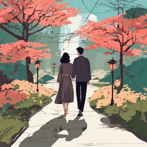 A romantic couple walking together in a Japanese spring garden, Garota estatura baixa ela tem cabelo castanho e o Garoto Alto ele tem cabelo preto. Anime flat illustration Estilo de arte ::Seed 9898