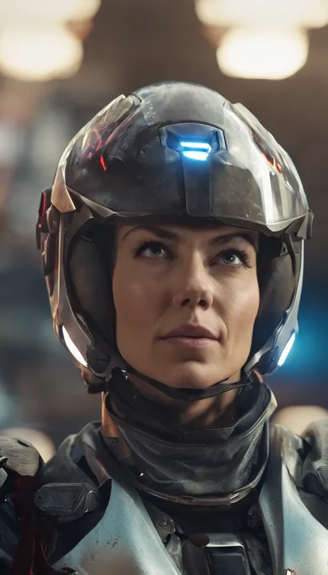 German woman, 30 years old, with accurate features, strong jawline,short floppy hair, blonde hair, blue eyes, dynamic angle shot, toned body, neck zoomed in, centered, wide high angle view, wearing futuristic military uniform, science fiction