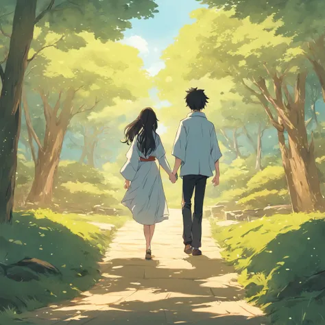 A romantic couple walking together in a Japanese spring garden, Garota estatura baixa ela tem cabelo castanho e o Garoto Alto ele tem cabelo preto. Anime flat illustration Estilo de arte ::Seed 9898