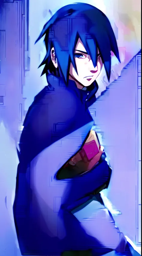 Change the picture to the boy who is in it a bit like Sasuke Uchiha holding a diary, livro, Ebook, Do the same drawing style. O fundo da imagem deve ser uma cidade no interior ao dia.