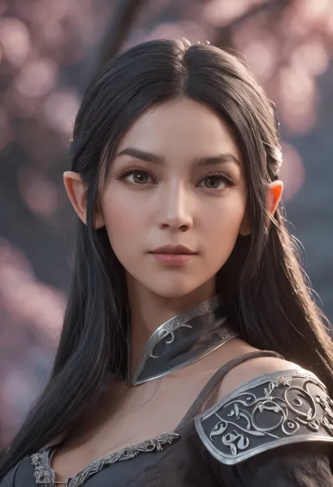 a sorceress, asian eyes, long dark straight hair, elven character with smirk, female elf, with very highly detailed face, half elf woman, hyperdetailed fantasy character, female elfling, accurate detailed face, sorcerer, dark skin, grey skin, grey skin, gr...