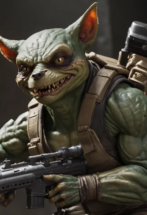 a humanoid creature with the features of a fox and mutant traits similar to those of the Ninja Turtles, Hold a machine gun, Firing big guns to zombie horde around him