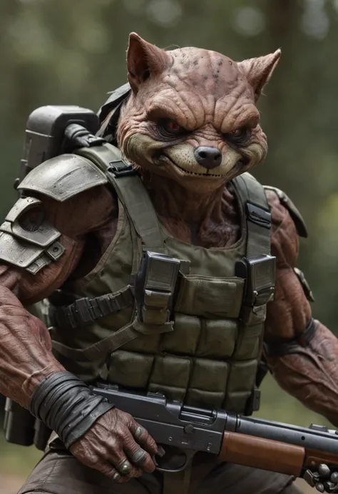 a humanoid creature with the features of a fox and mutant traits similar to those of the Ninja Turtles, Hold a machine gun, Firing big guns to zombie horde around him