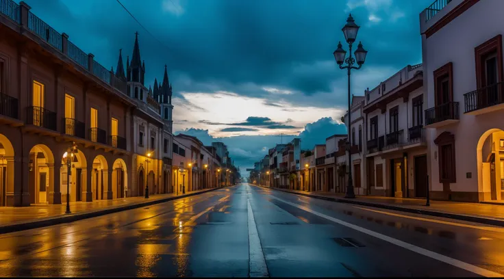 Crie uma imagem que encerre o conto, mostrando a cidade de Valford em silhueta ao amanhecer. Highlight empty streets and Gothic buildings, conveying a sense of tranquility after the storm.