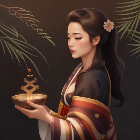 There is a woman holding a bowl with a small tree on it, a beautiful artwork illustration, mulher japonesa elegante, Beautiful digital illustration, mulher oriental bonita, exquisite digital illustration, Deusa japonesa, bela arte digital, stunning digital...