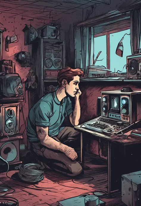 A young man listens to a 2D illustration of an old radio in his room，With a dark and creepy atmosphere。