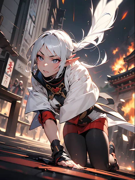 ((jpn)),((Best Quality)),((Beautifully painted)),((hight resolution)),1girl in,Beautiful Elf Girl,(((onmyouji))),((suikan)),White cloak,Bushy silver-haired ponytail,nice hand, Perfect hands,armor,((Fight with black demon monsters in the streets of Tokyo at...