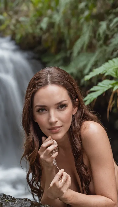 kelly divine, having a light smile on her  face, posing naked beautiful 27yo masturbating woman under a waterfall in Maui, NSFW, holding a tiki-wood- in her hand, pushing a natural-stone- into her , licking the tiki-wood- , natural-stone- in